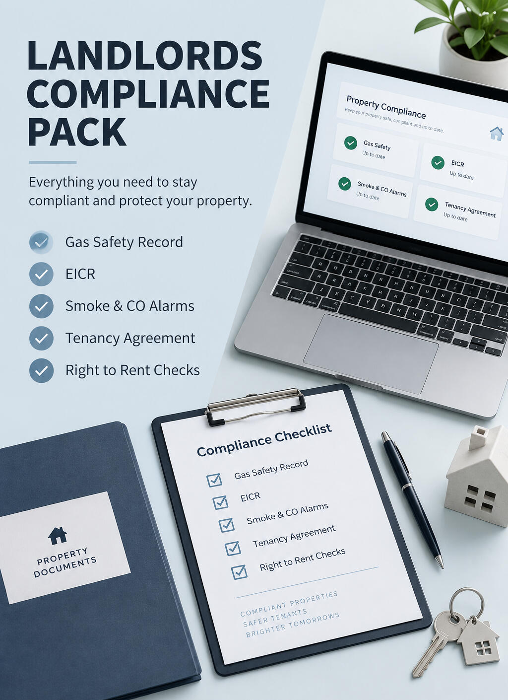 The landlords compliance pack Landlord legal compliance pack documents in front of a residential house